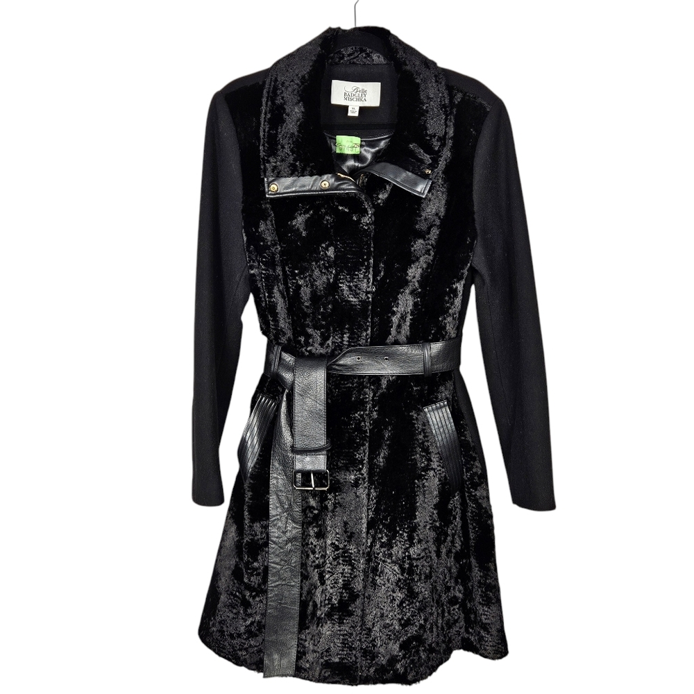 Badgley Mischka Black Faux Fur Trench SZ XL